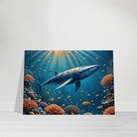 Underwater whale art print on Blue Whale Metal Print – Submarine Glow displayed on wall