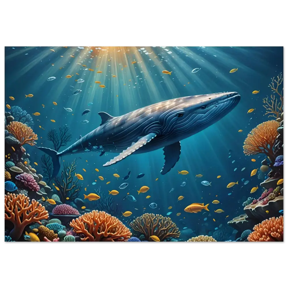Underwater whale scene on Blue Whale Metal Print with Submarine Glow by PixiOnyx