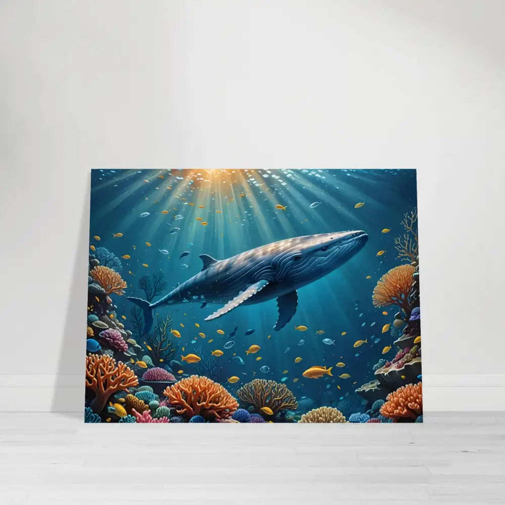 Blue Whale Metal Print on coral reef wall display showcasing a whale swimming in vibrant coral