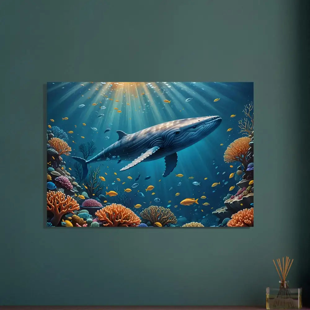 Blue Whale Metal Print featuring a whale swimming in a vibrant coral reef for wall decor