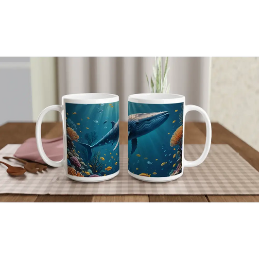 Whale-themed ceramic mug with blue design for deep sea serenity in PixiOnyx 15oz collection