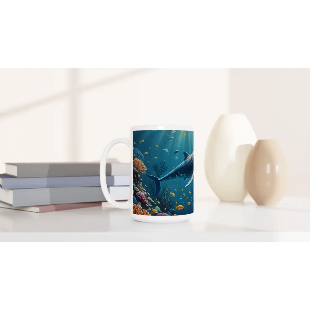 White mug featuring an underwater scene with a blue whale for deep sea serenity