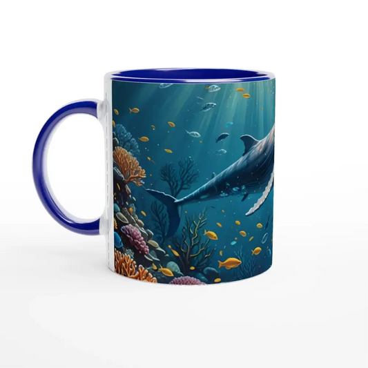 Blue-handled mug with underwater scene and PixiOnyx interior for an elegant drinking experience