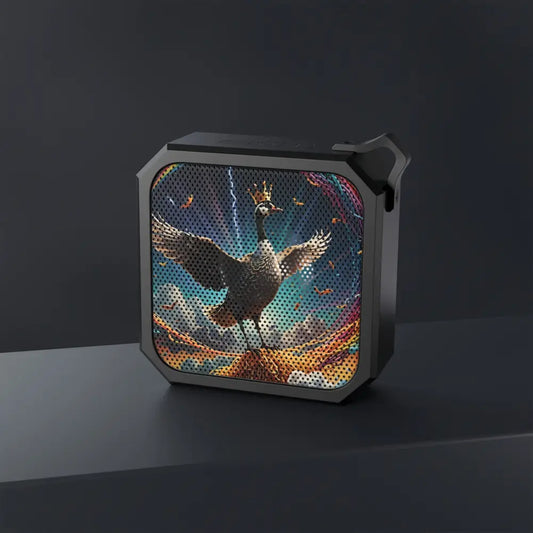 Black Bluetooth speaker with swan graphic from Spaghetti Goose Ascension outdoor audio collection