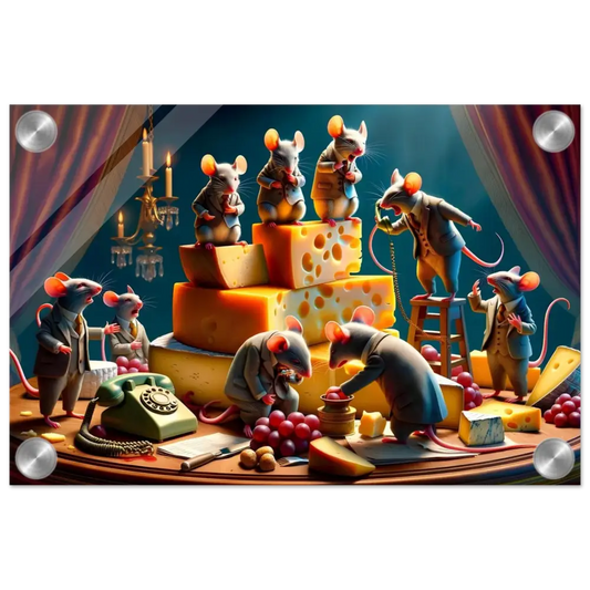 Anthropomorphic mice with cheese displayed on Boardroom Brie-down Acrylic Print by PixiOnyx