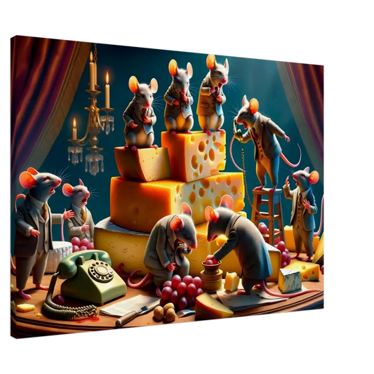 Anthropomorphic mice feasting on Brie cheese in a satirical Dairy Dystopia Canvas art
