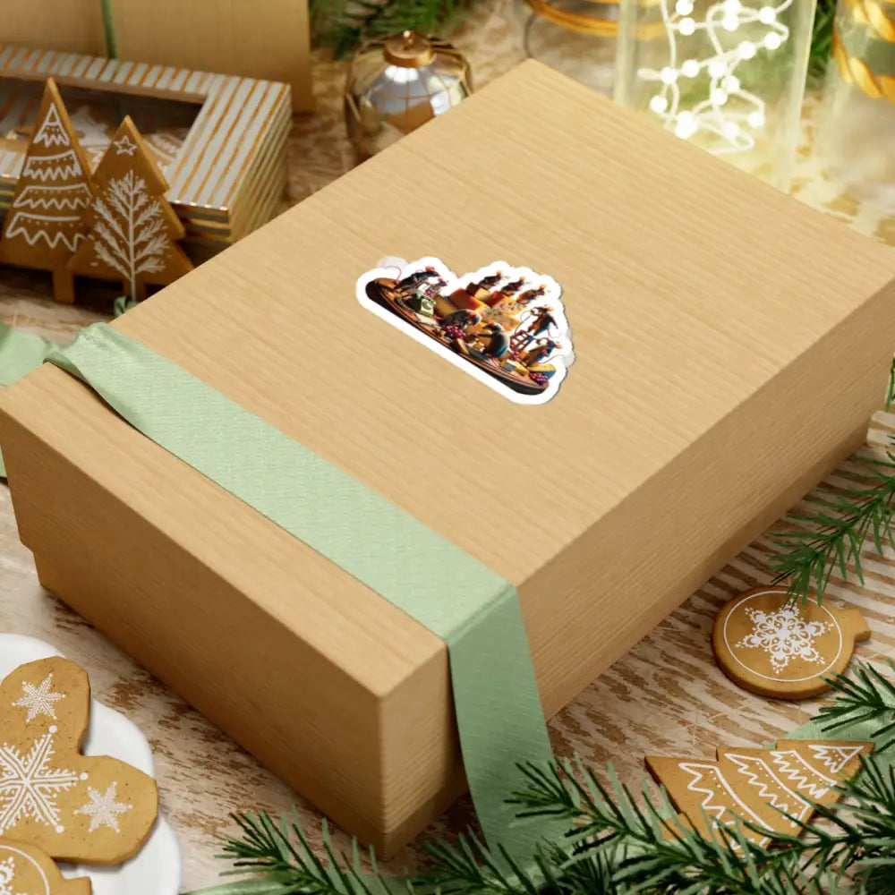 Gift-wrapped box with sticker featuring Boardroom Brie-Down Cheese Mafia Mouse cartoon decal