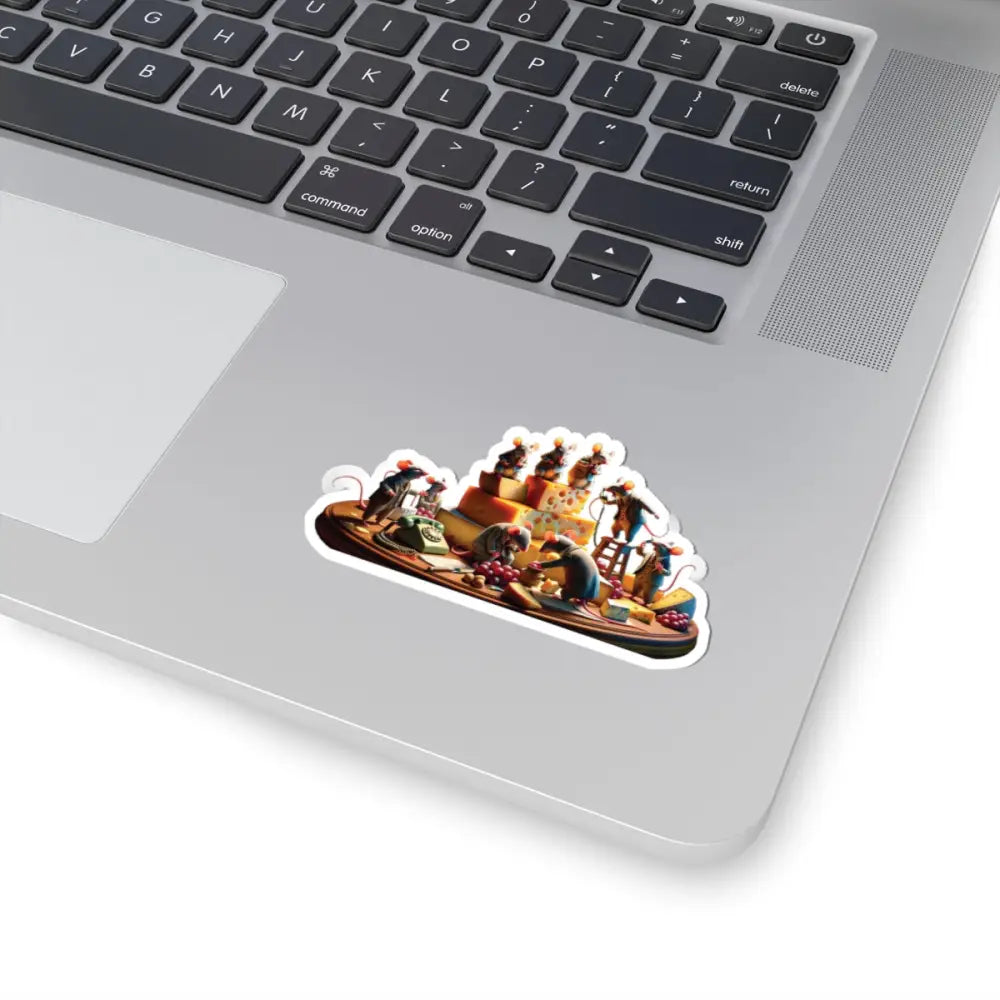 Laptop sticker with mice and cheese design from Boardroom Brie-Down Cheese Mafia collection
