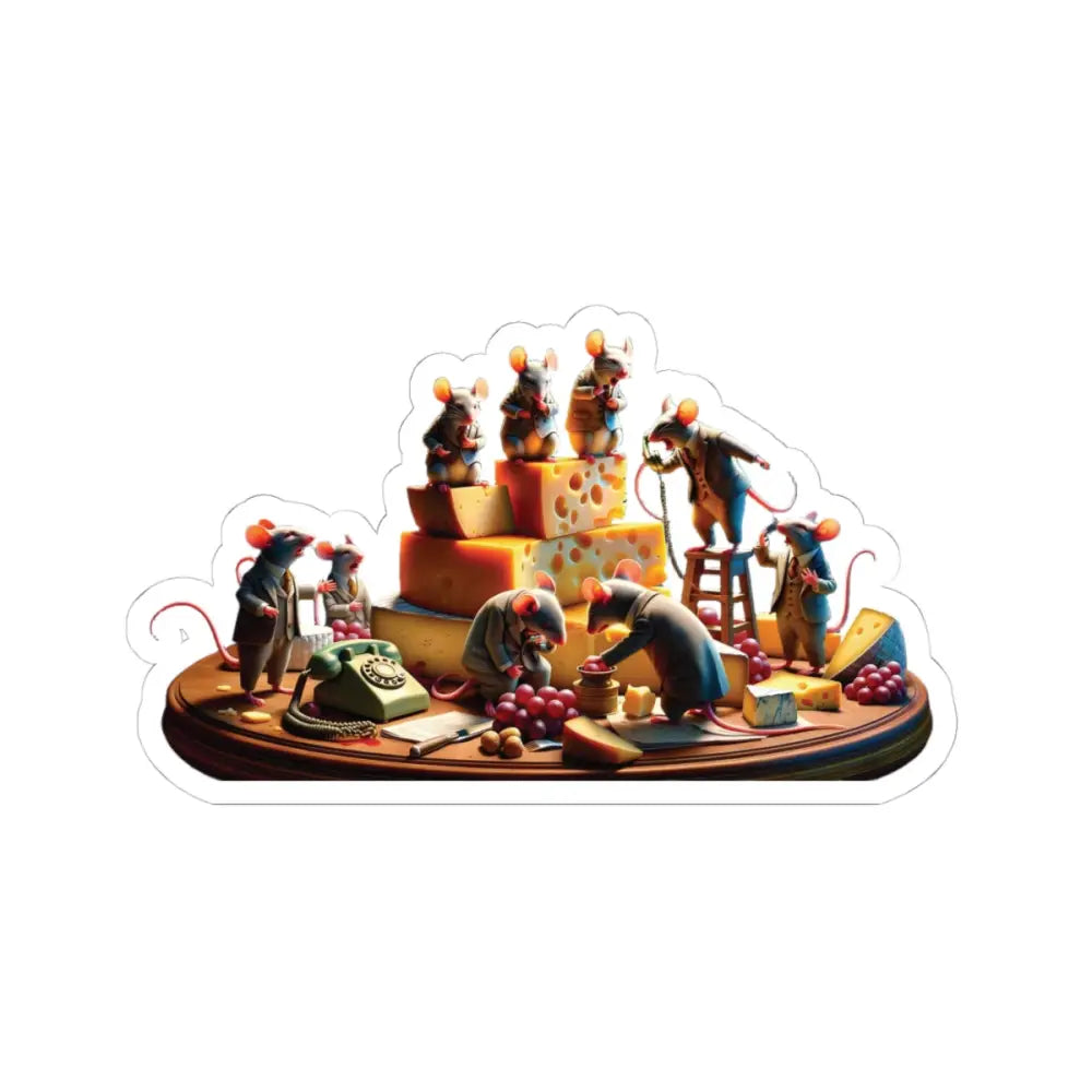 Anthropomorphic mice with cheese on a PixiOnyx Cartoon Vinyl Decal for Boardroom Brie-Down
