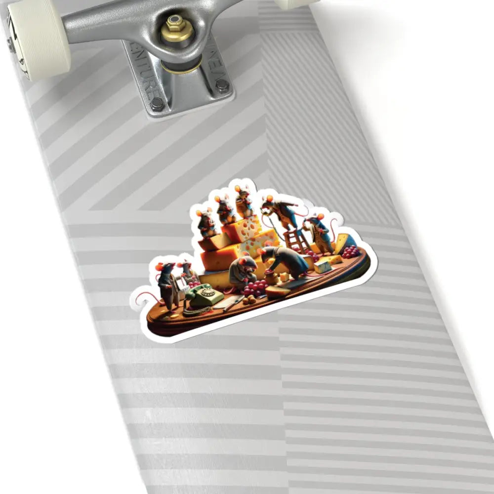 Mice feasting on cheese cartoon vinyl decal for Boardroom Brie-Down Cheese Mafia Mouse Sticker