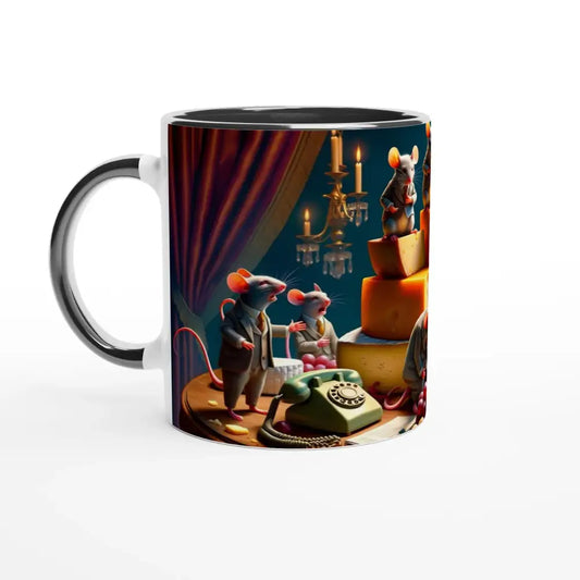 Boardroom Brie-down Mug with mice in suits design for satirical coffee humor