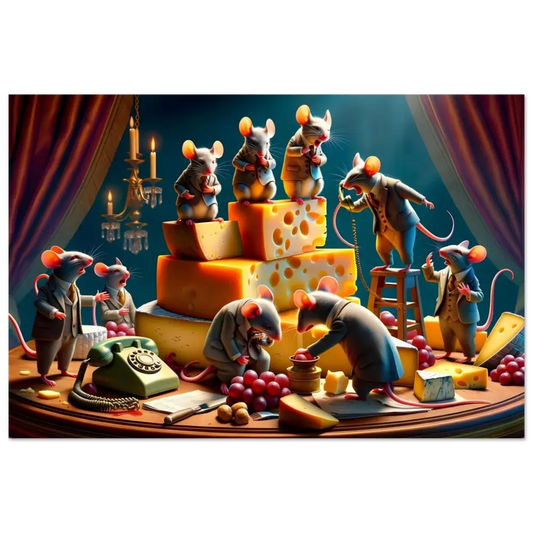 Anthropomorphic mice enjoying cheese on the Boardroom Brie-down Poster by PixiOnyx