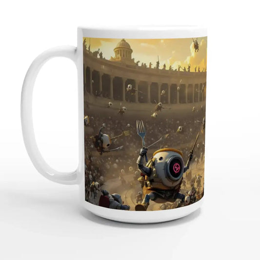 White ceramic mug with Robot Gladiator design from PixiOnyx Battleware Coliseum Clash collection