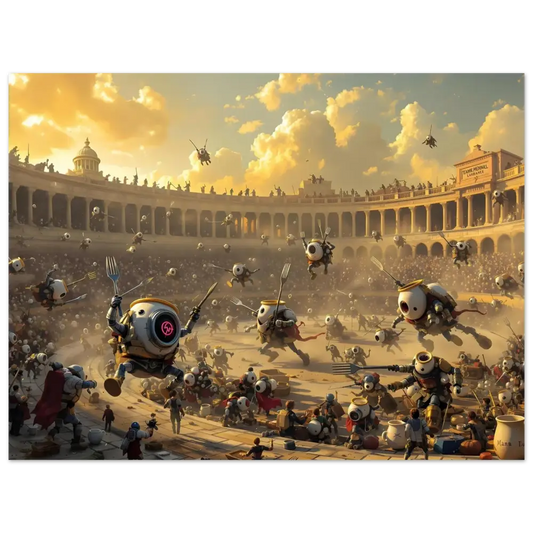 Robotic food fight illustration on Breakfast Bots Poster Coliseum Clash by PixiOnyx