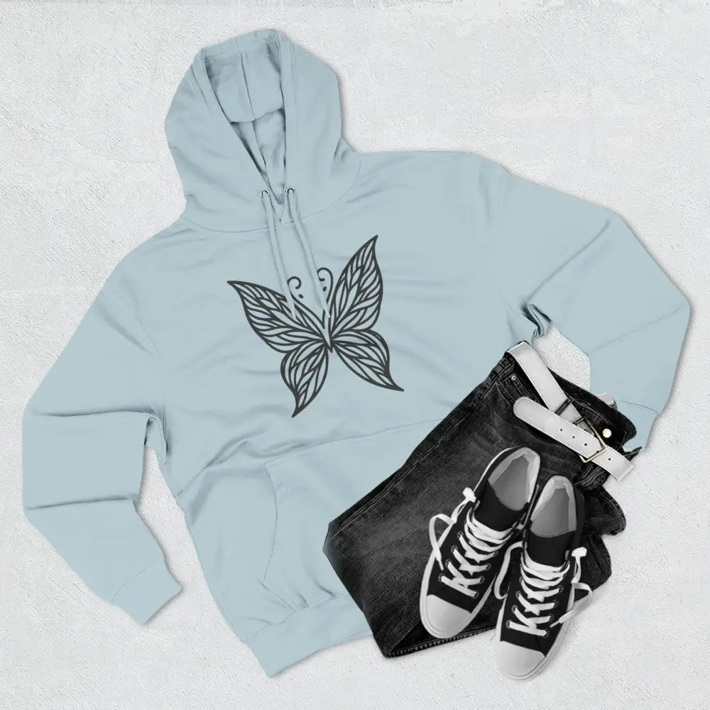 Light blue fleece hoodie with black butterfly design, casual fall fashion, easy care