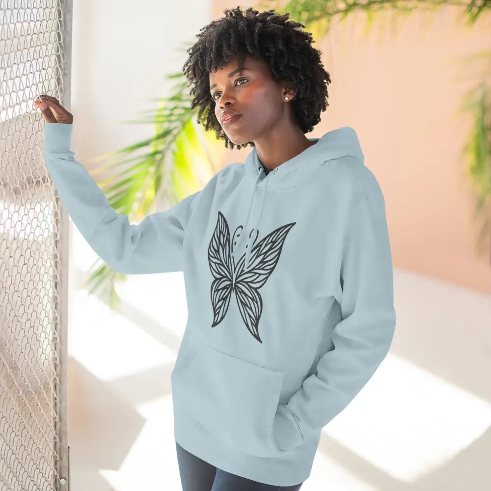 Light blue fleece hoodie with black butterfly design, perfect for fall casual wear