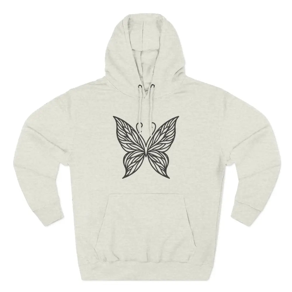 Cream-colored fleece hoodie with black butterfly design, ideal for fall fashion and easy care