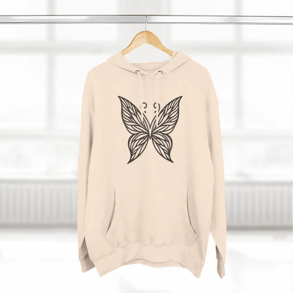 Light beige fleece hoodie with black butterfly design, perfect for fall fashion and casual wear