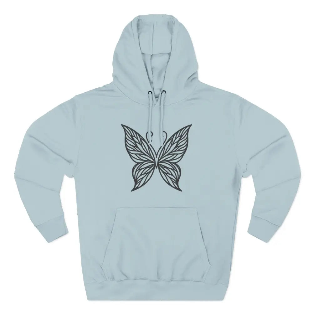 Light blue fleece hoodie with black butterfly design, cozy casual wear, easy care instructions