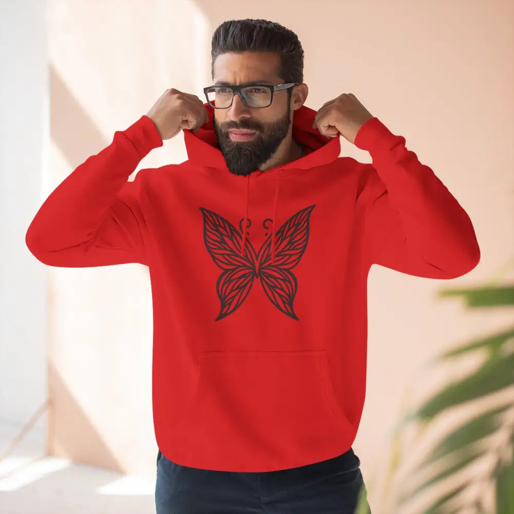 Red hooded fleece hoodie with black butterfly design, perfect for fall casual wear