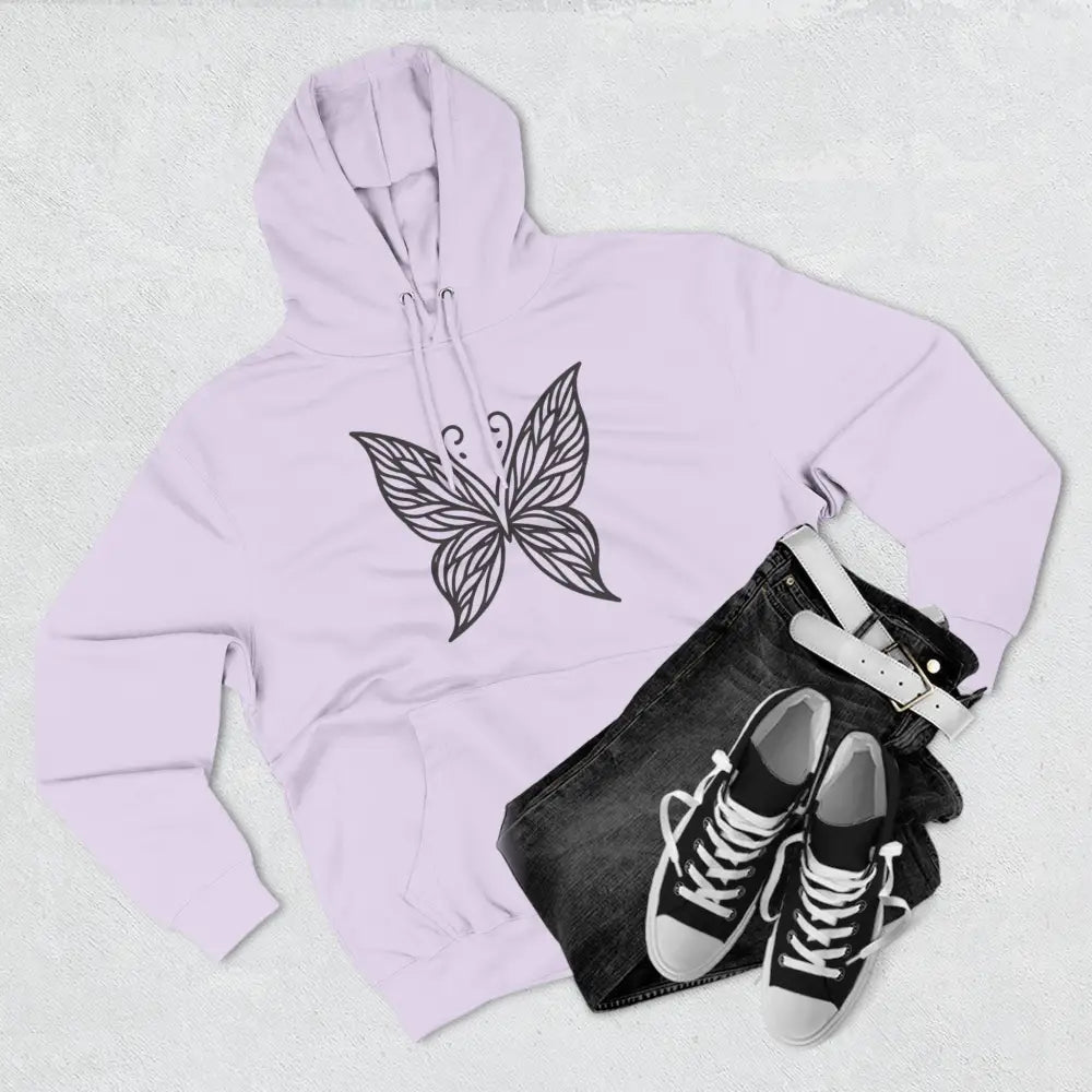 Lavender fleece hoodie with black butterfly design, perfect for fall fashion and casual wear