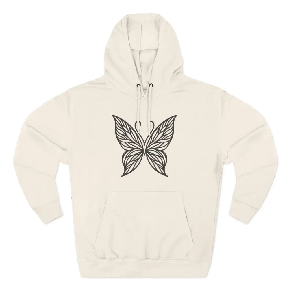 Cream-colored fleece hoodie with black butterfly design, perfect for fall and casual wear