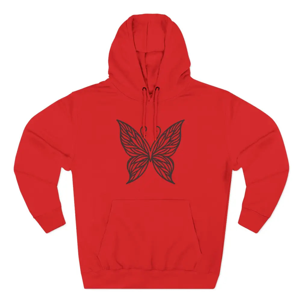 Red hooded fleece hoodie with black butterfly design, perfect for fall and casual wear