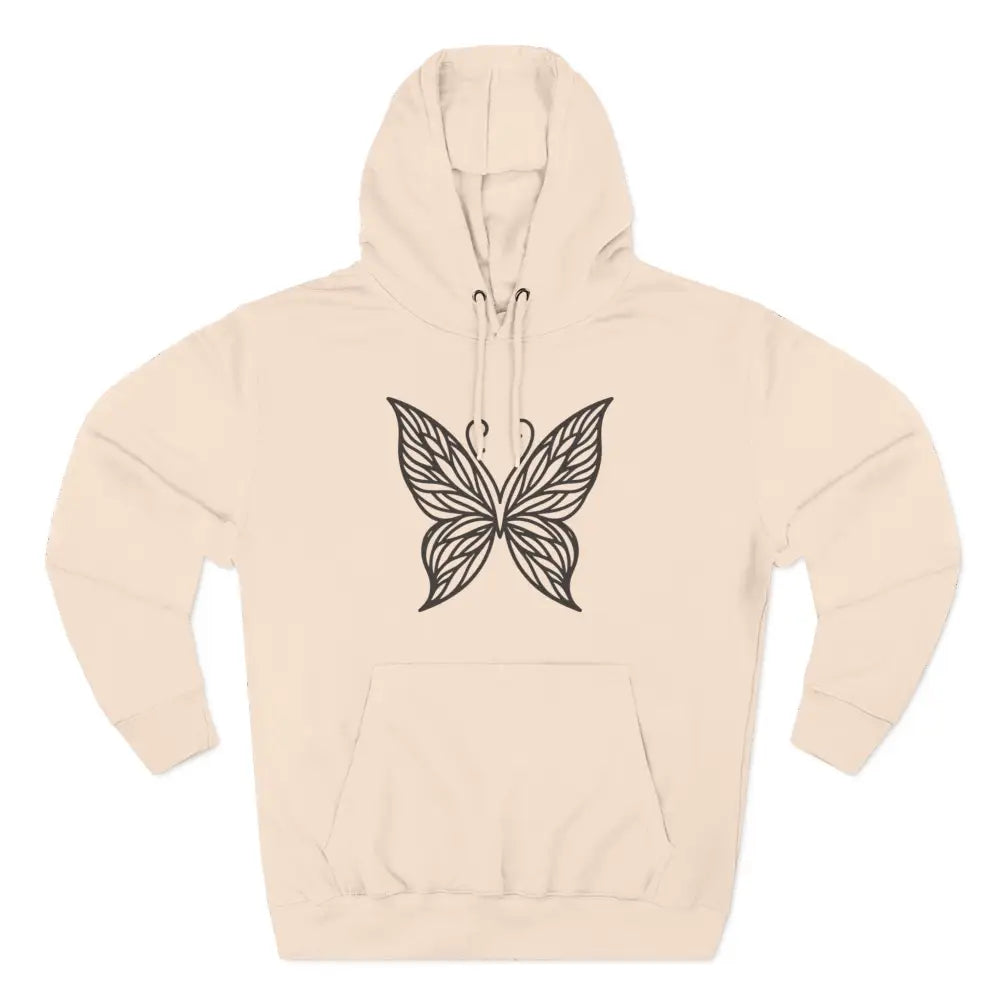 Light beige fleece hoodie with black butterfly graphic, soft, cozy, low heat care instructions