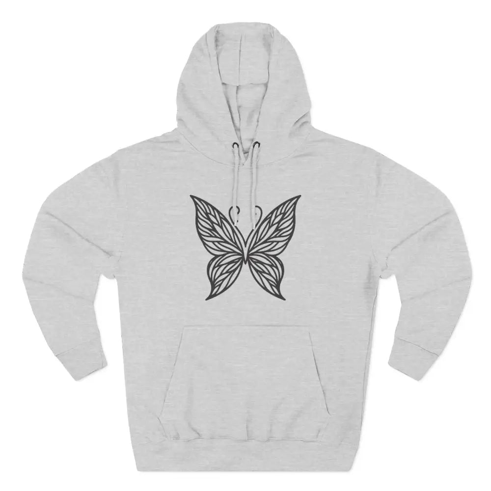 Light gray fleece hoodie with black butterfly design, perfect for fall fashion and casual wear