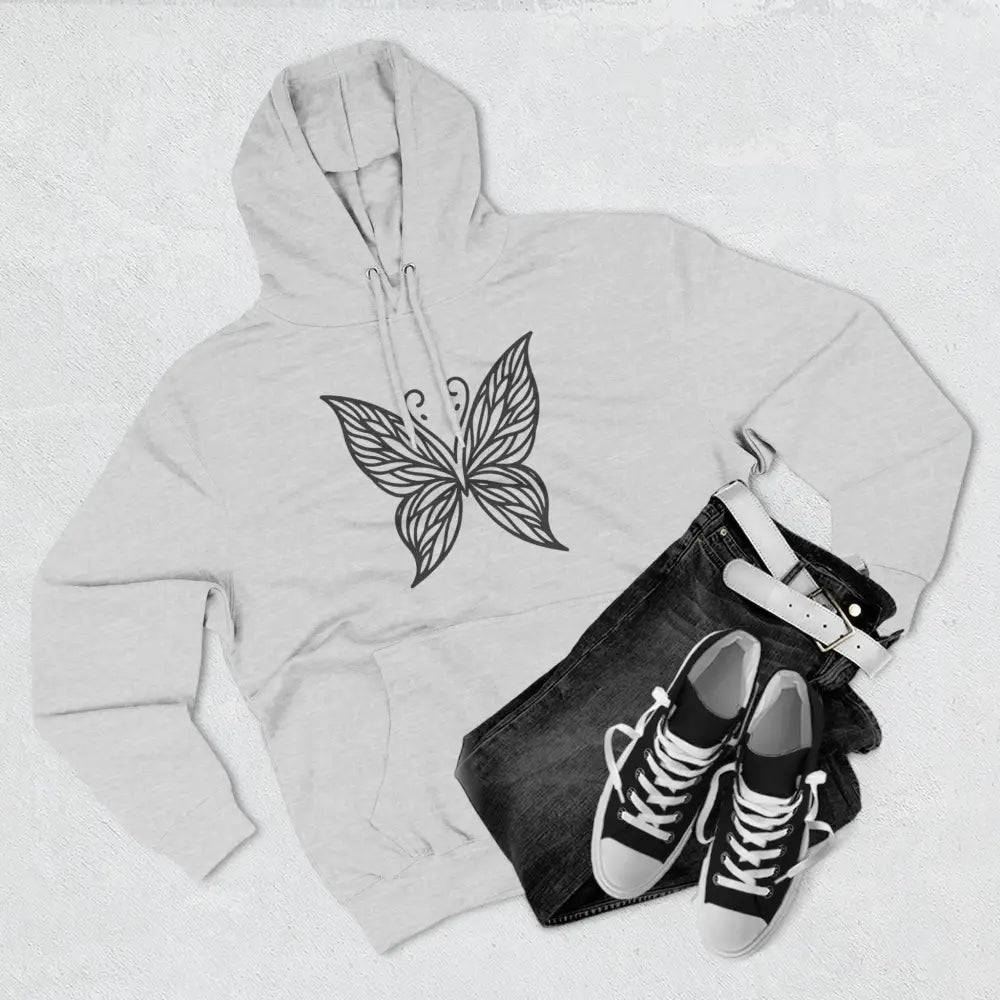 Light grey fleece hoodie with black butterfly design, cozy casual wear, low heat care