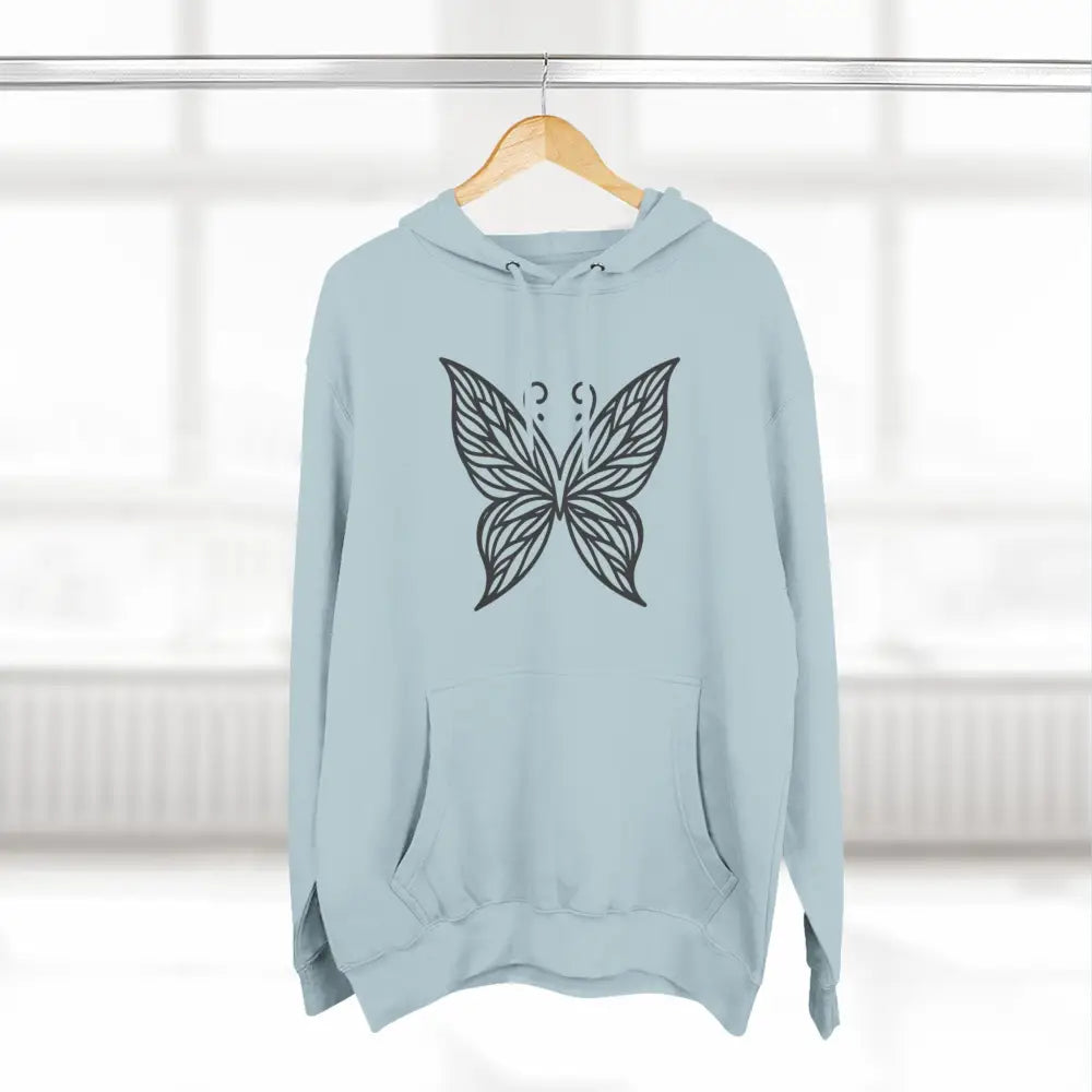 Light blue fleece hoodie with black butterfly design, perfect for fall fashion and casual wear