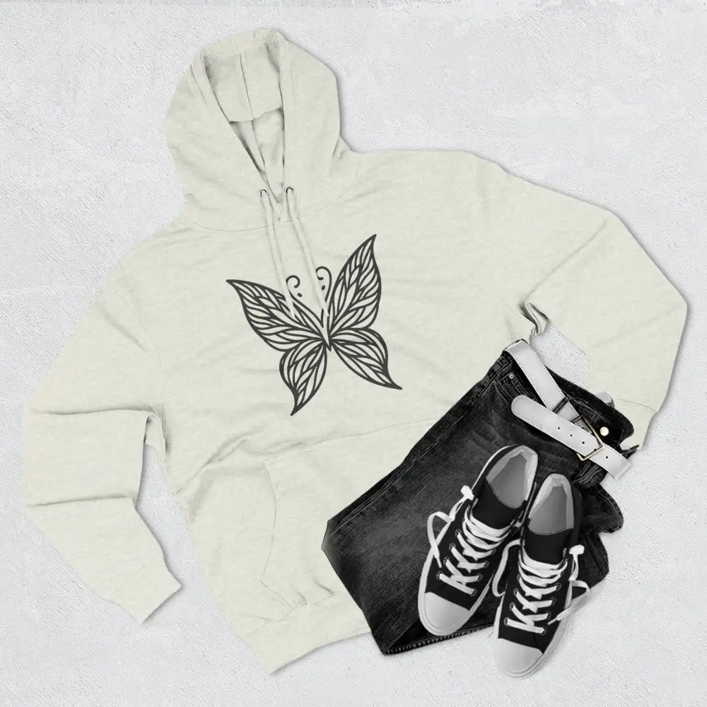 Off-white fleece hoodie with black butterfly design, casual fall wear, easy care instructions