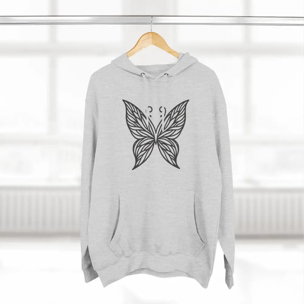 White hooded fleece hoodie with black butterfly design, perfect for fall and casual wear
