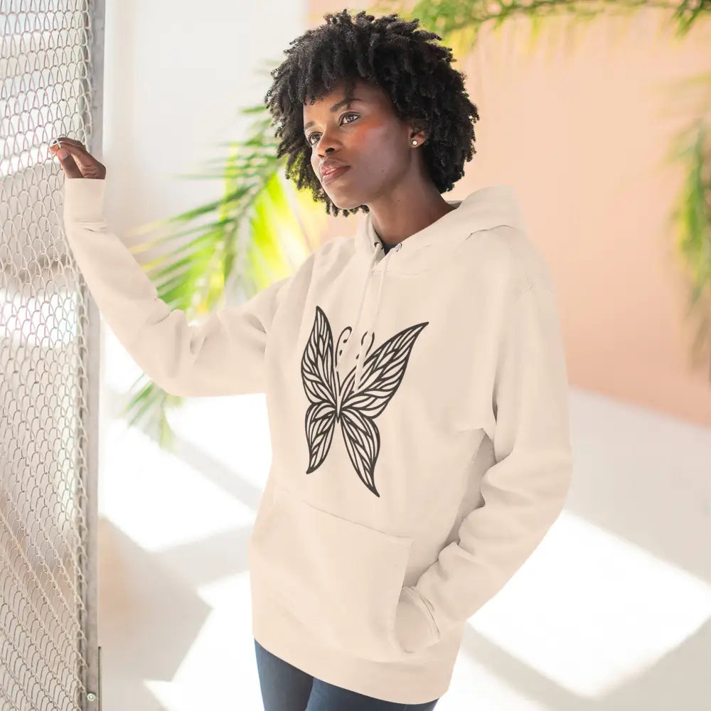 Off-white fleece hoodie with black butterfly design, perfect for casual fall wear