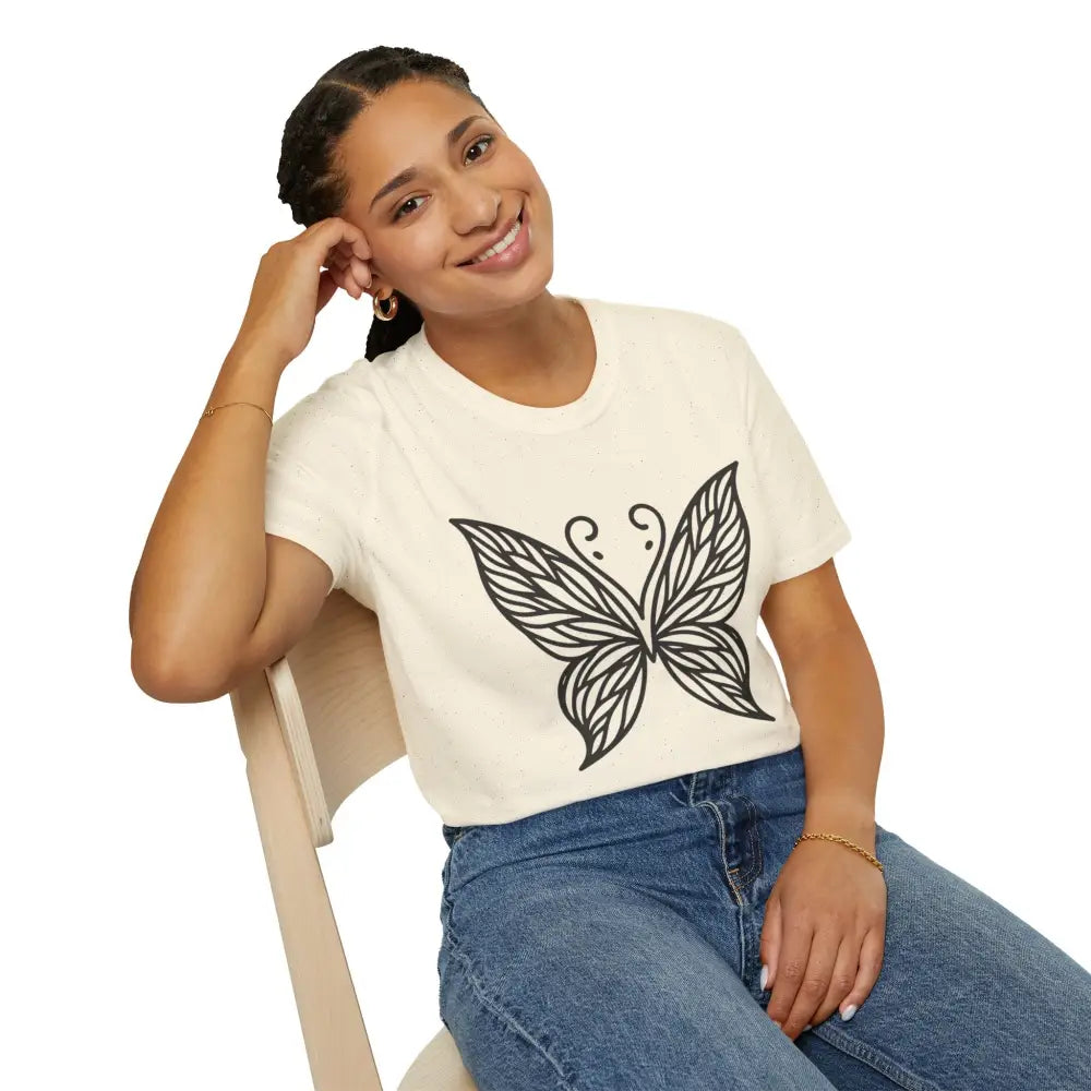 Woman wearing cream butterfly graphic T-shirt with lightweight fabric and low heat comfort