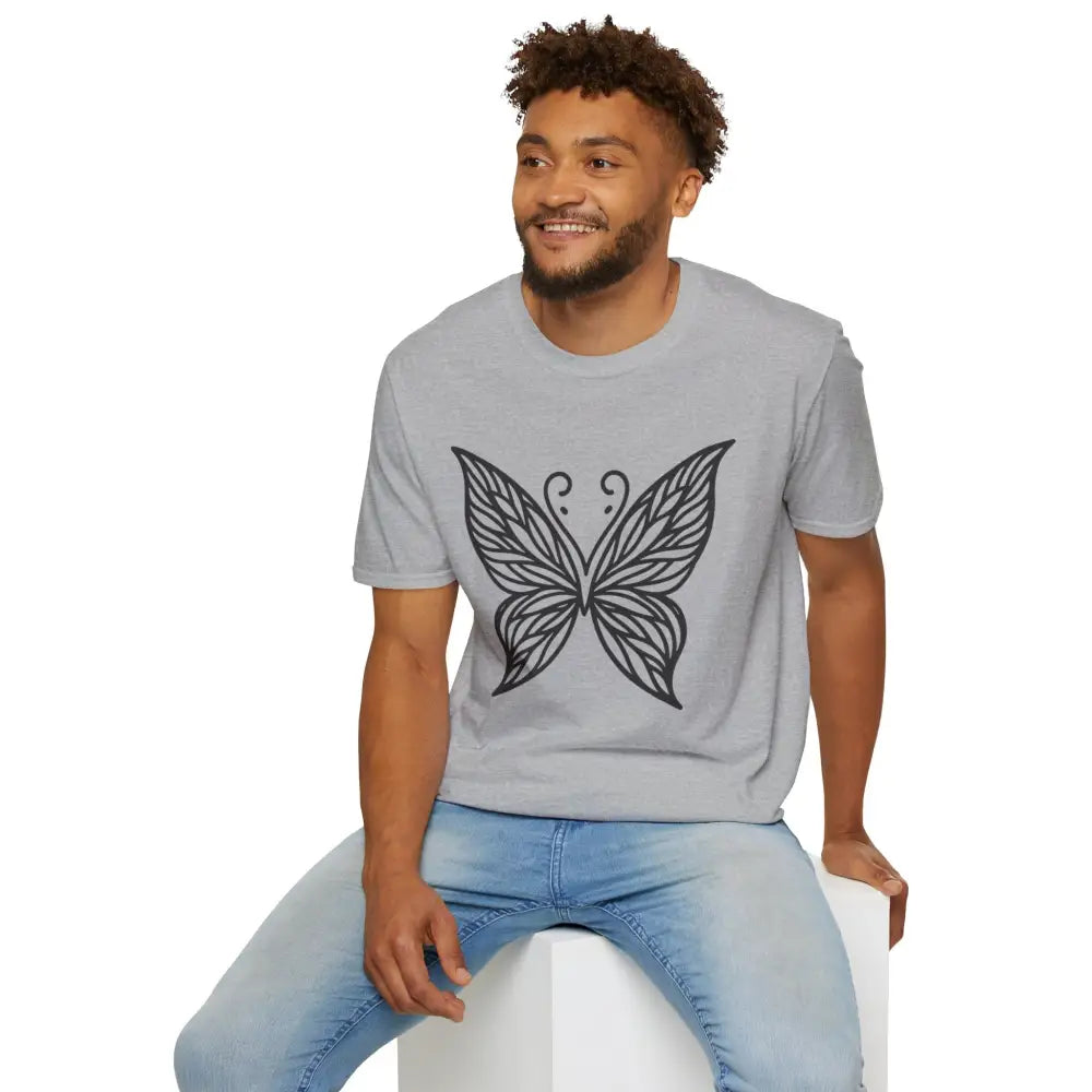 Men wearing lightweight fabric butterfly graphic unisex T-shirt with low heat spring fashion