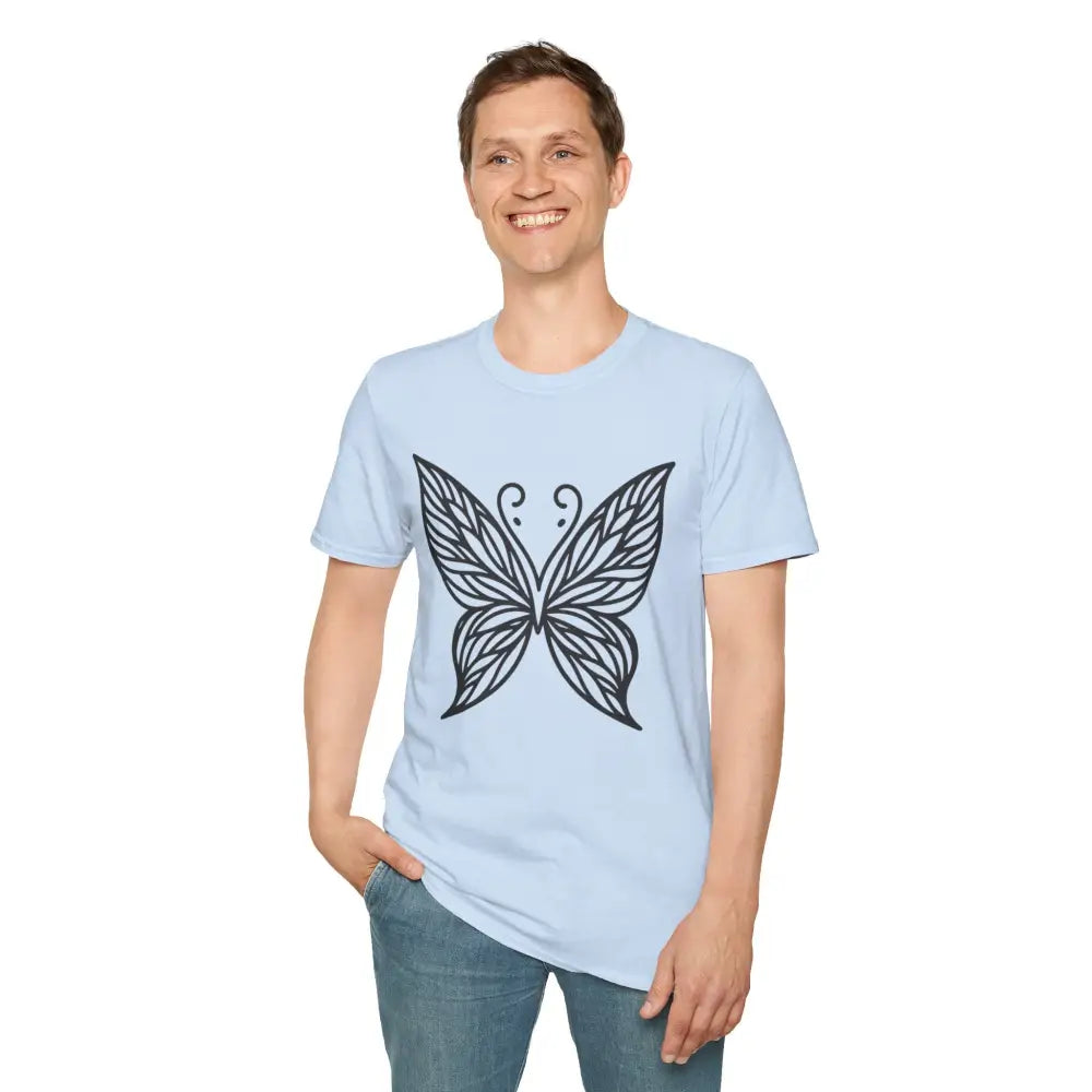 Light blue Butterfly Graphic Unisex T-Shirt with black butterfly design, lightweight fabric