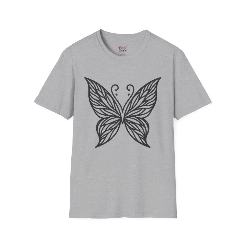 Light gray short-sleeved T-shirt with butterfly graphic, lightweight fabric, perfect for spring