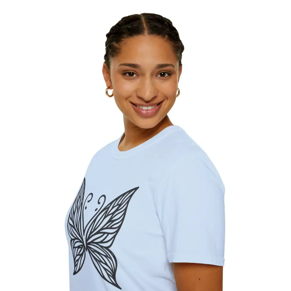 Woman with braided hair wearing a butterfly graphic lightweight fabric T-shirt, spring fashion