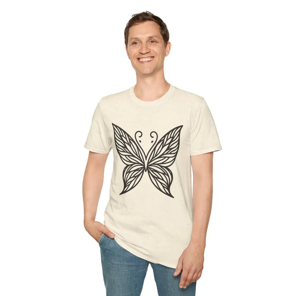Man wearing a cream Butterfly Graphic Unisex T-Shirt made of lightweight fabric with low heat