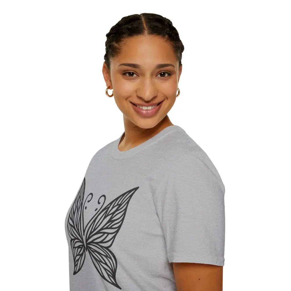 Light gray short-sleeve T-shirt with butterfly graphic, lightweight fabric, perfect for spring fashion