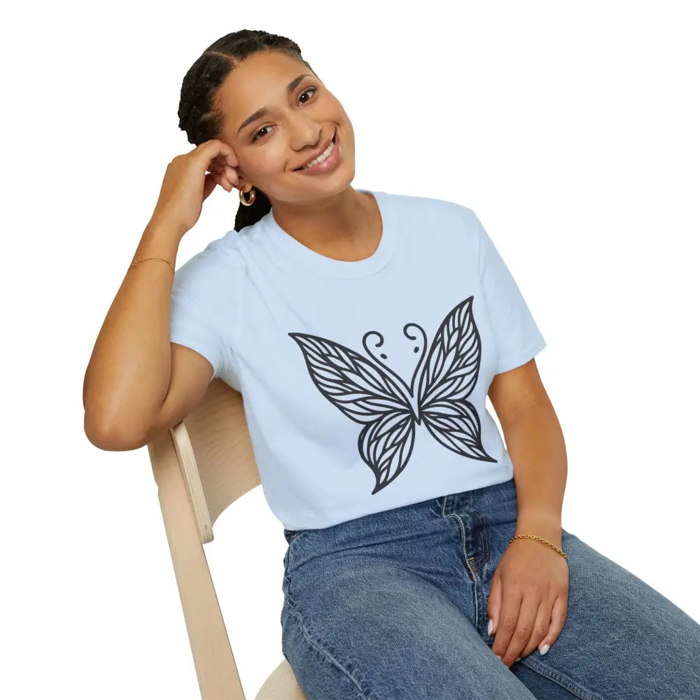 Light blue lightweight fabric butterfly graphic unisex T-shirt perfect for spring fashion