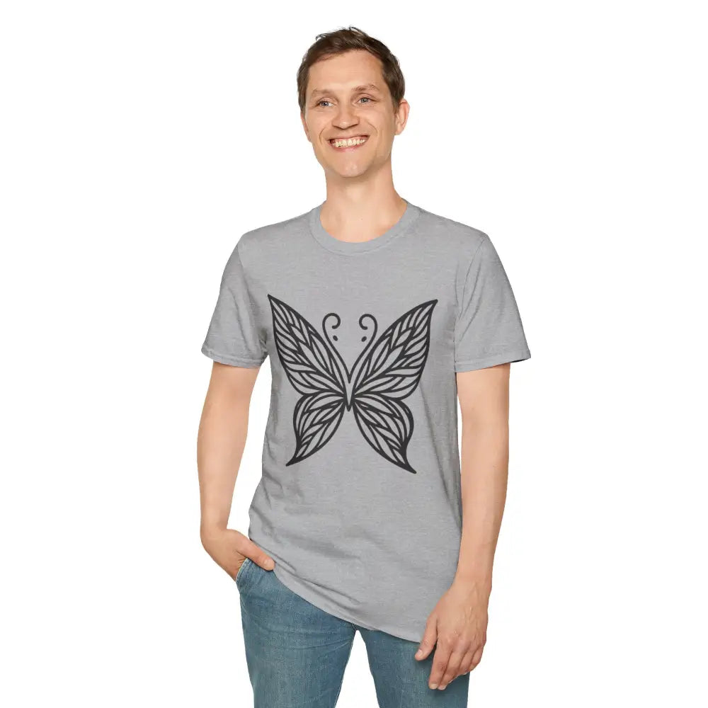 Light gray butterfly graphic unisex T-shirt made of lightweight fabric, perfect for spring fashion