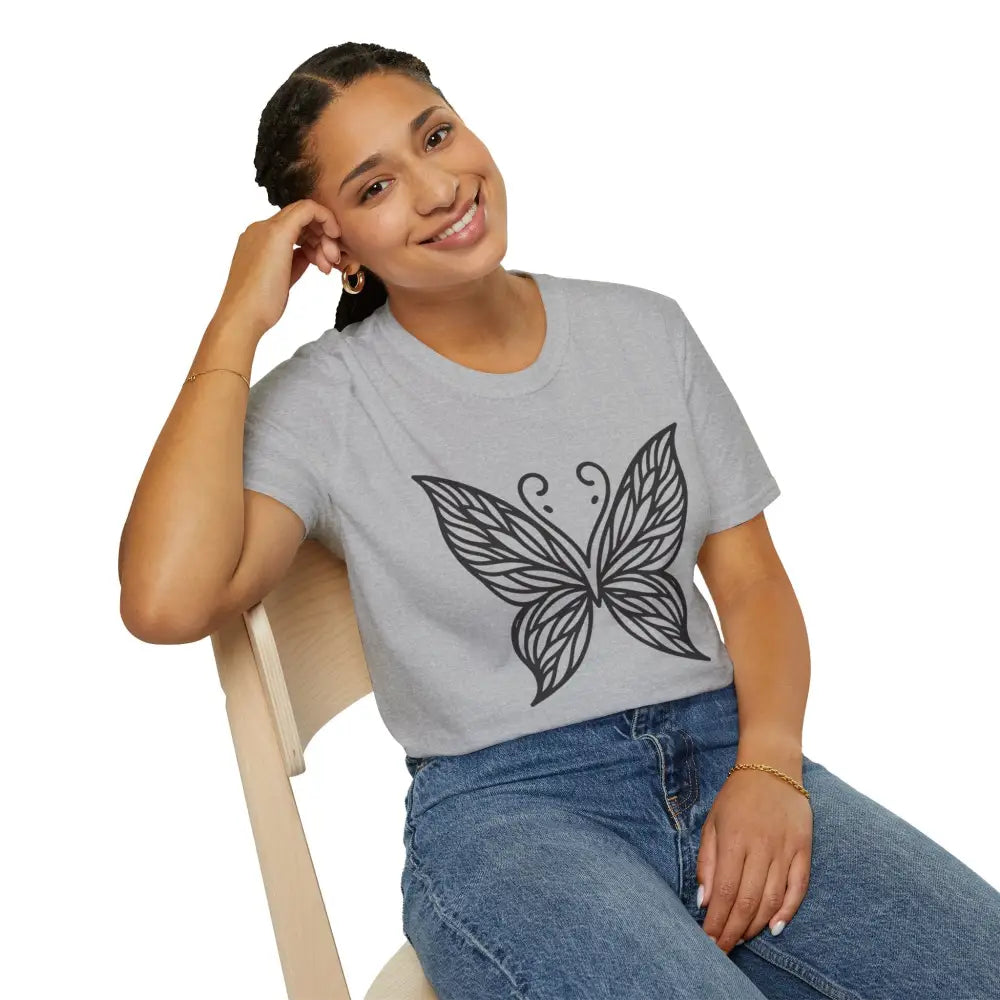 Light gray lightweight fabric unisex T-shirt with butterfly graphic, perfect for spring fashion