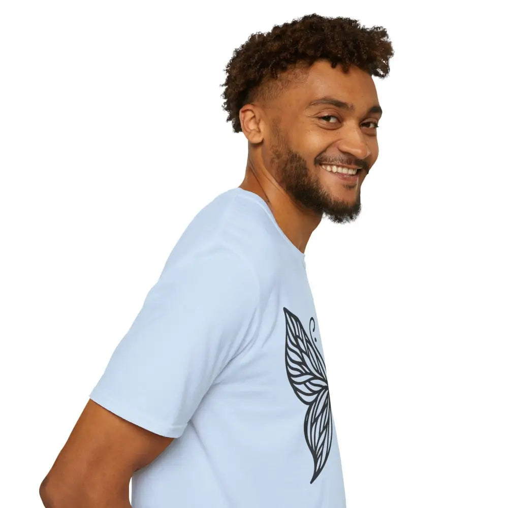 Light blue unisex T-shirt with butterfly graphic made from lightweight fabric and low heat print
