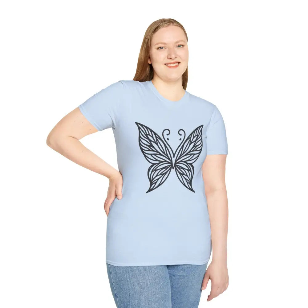 Light blue butterfly graphic unisex T-shirt made of lightweight fabric for spring fashion