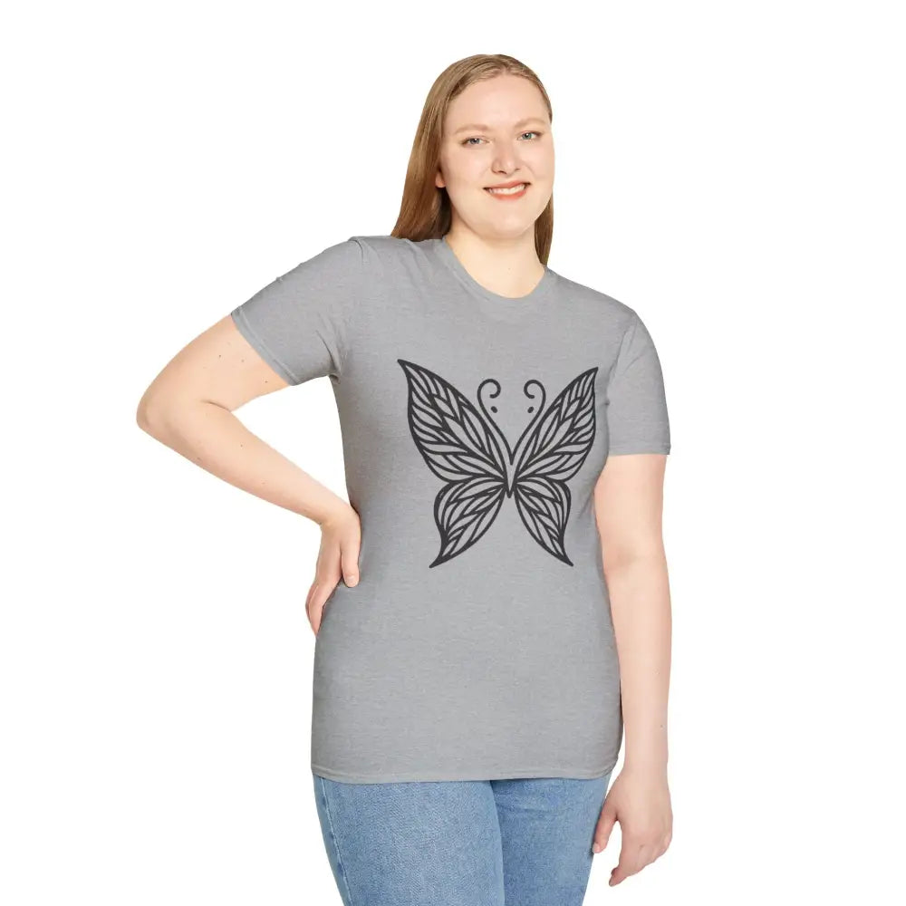Light gray unisex T-shirt with butterfly graphic, lightweight fabric, perfect for spring fashion