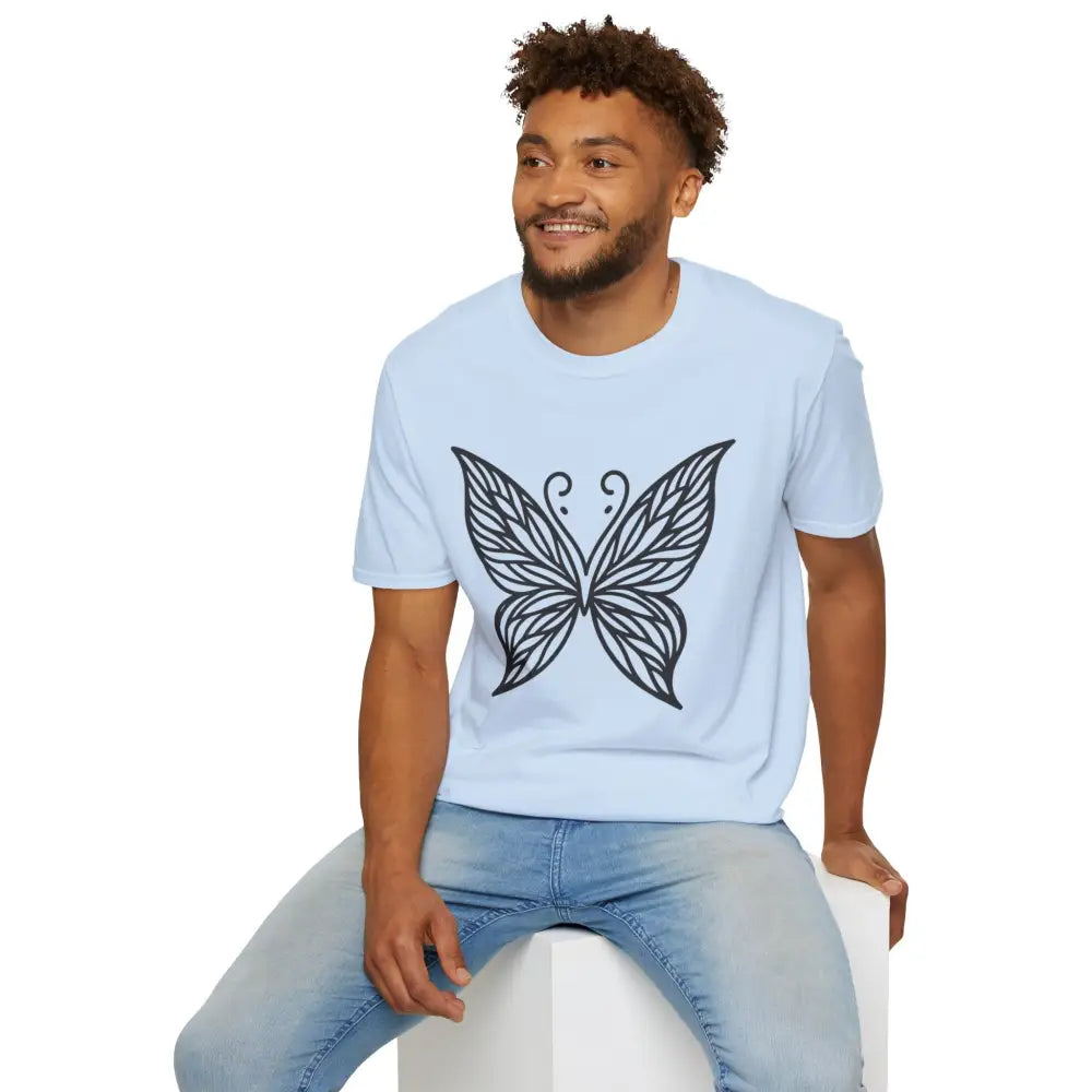 Light blue butterfly graphic unisex T-shirt with lightweight fabric and low heat design