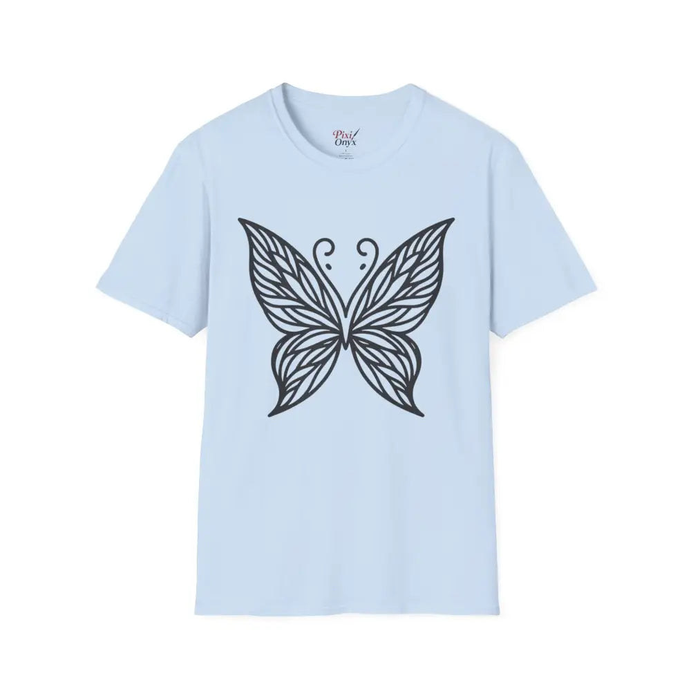 Light blue butterfly graphic unisex T-shirt made of lightweight fabric for spring fashion