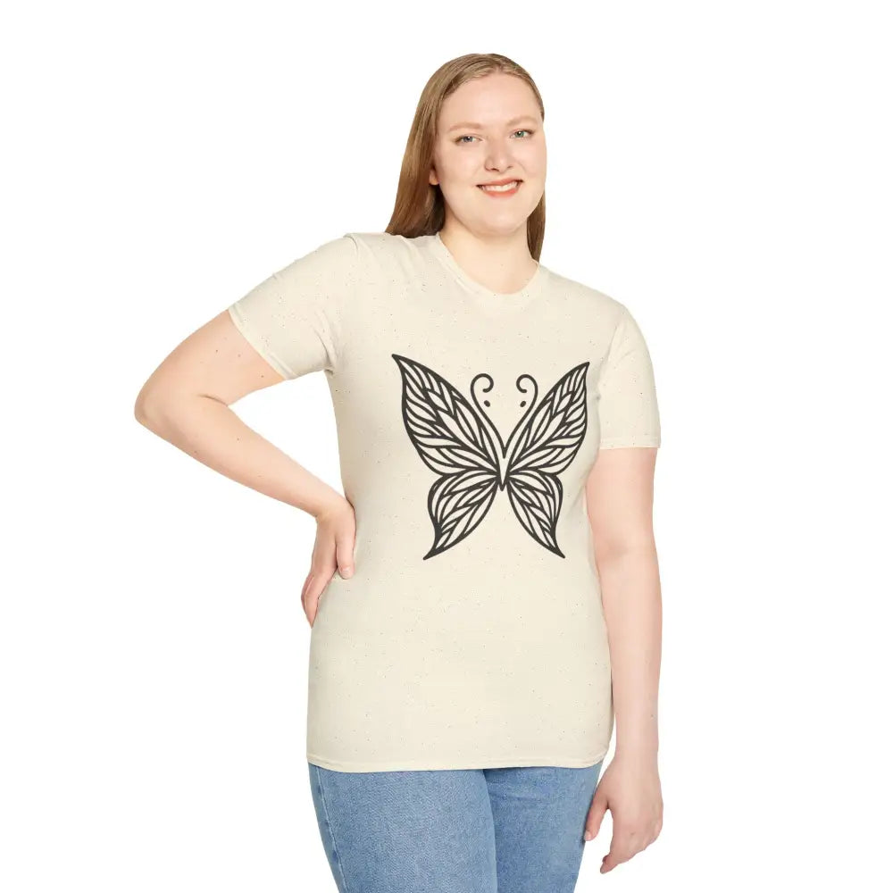 Woman wearing a cream Butterfly Graphic Unisex T-Shirt with lightweight fabric and low heat comfort